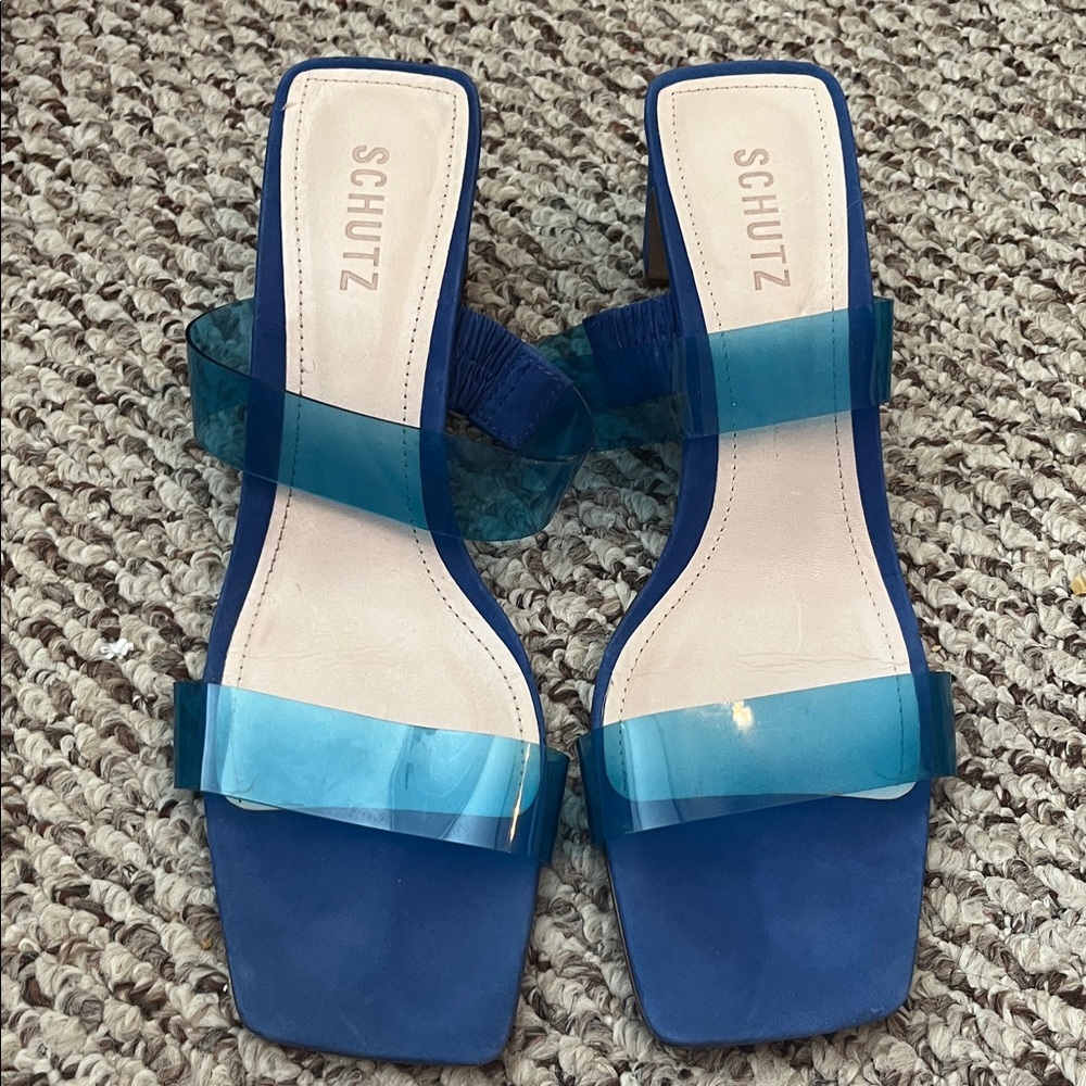 SCHUTZ Blue and Transparent Strap slim block heel size 9